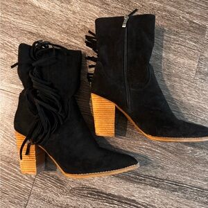 Black Suede Ankle Boots with Tan Heel
